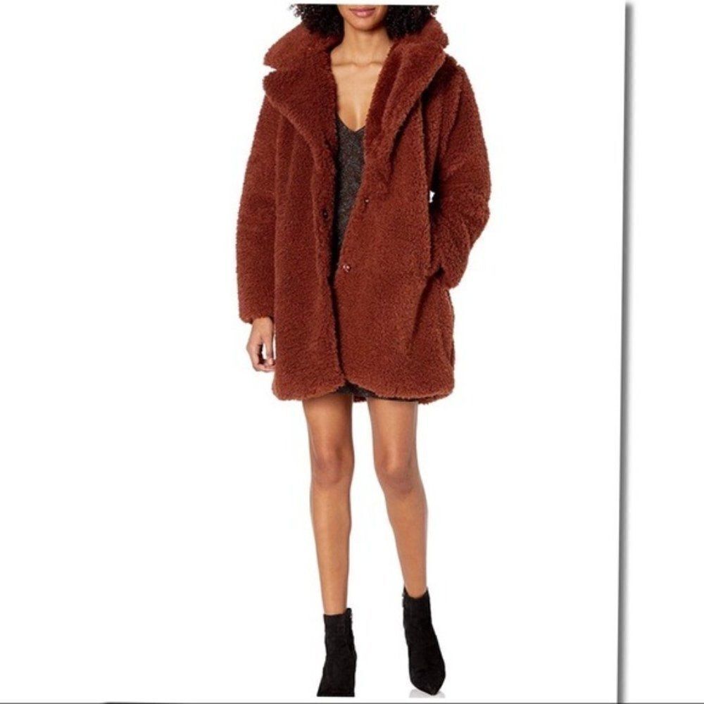 𝅺STEVE Madden Mid length Faux Fur Coat in Cognac